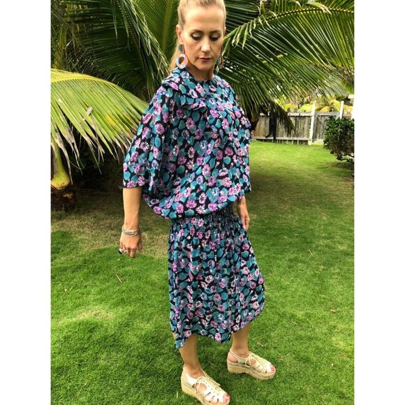 Vintage 80s does 20s Dropped Waist Tropical Hawaiian Flowy Dress | Small Medium - Picture 4 of 10